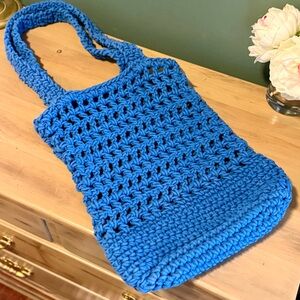 J.Crew Blue Crochet Tote Bag | Knit Market Tote | Boho Summer Shoulder Bag
